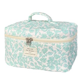 WYJ Green Large Quilted Floral Makeup Bag Cute Soft Coquette Aesthetic Cosmetic Bag Cotton Travel Toiletry Bag for Women