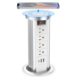 BTU Pop Up Outlet for Countertop, 4 Inch Hole Receptacle Power Strip with USB C & 4 AC Outlet, Pull Popup Outlet Recessed Power Socket with 10W Wireless Charger for Kitchen Conference Office