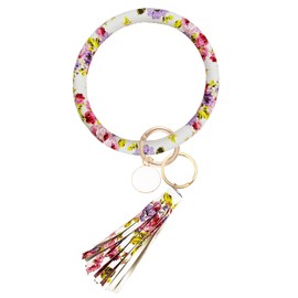 Weixiltc Large Circle Key Ring Leather Tassel Bracelet Holder Keychain Keyring For Women Girl (Floral 2)