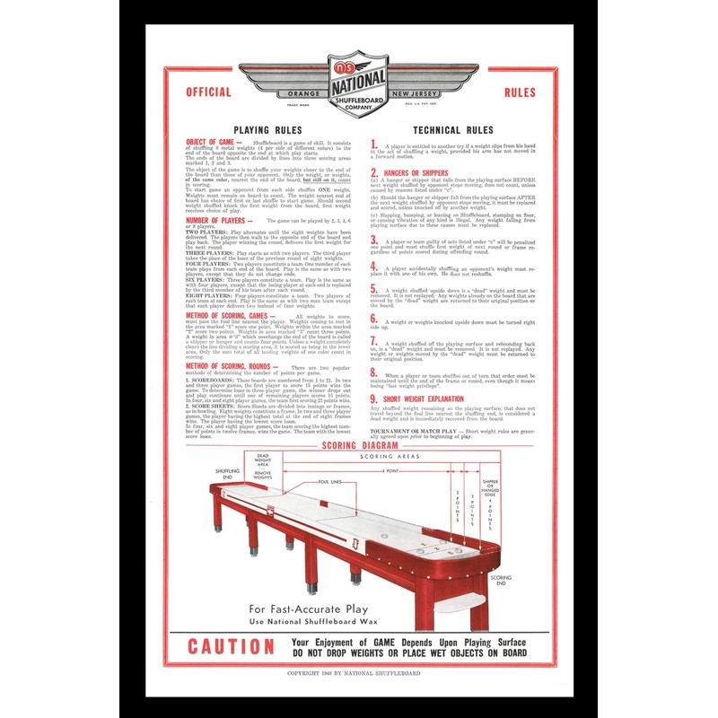 Zieglerworld Framed Art - National Shuffleboard Table Rules Poster -
