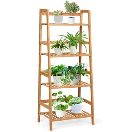 graffy 4-Tier Ladder Shelf Plant Stand, Bamboo Ladder-Shaped Bookcase Storage Shelves, Multifunctional Display Rack, Plant Stand Flower Pots Holder for Living Room/Bathroom/Bedroom (Natural)