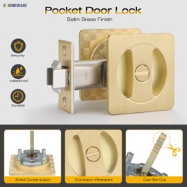 EHOMEWARE 1 Pack Pocket Door Hardware, Pocket Door Handles Gold, Keyless Privacy Door Lock, Pocket Door Lock for Interior Doors, Satin Brass Finish, Reversible for Left/Right Sided Doors