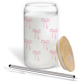 BEHIFL Pink Coquette Bow Glass Cup,Preppy Pink Bow Glass Coffee Cup With Lids And Straws 14oz,Pink Bow Trendy Glass Cup For Girls Bestfriend Sister Girlfriend,Pink Bow Lovers Gifts