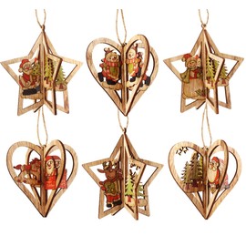 3D Weihnachtsbaumschmuck Deko Holz Weihnachtsbaum 6er Christbaumschmuck Handgemachte Anhänger Dekoration DIY Holz Ornamente Weihnachtsmann Schneemann Elch