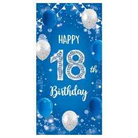 18th Birthday Boys Banner Blue Silver Decoration Background Party Props for Men and Women 180x90cm
