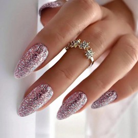 IMRAIN Glitter Press on Nails Medium Almond Pink Fake Nails Glossy Glue on Acrylic Nails Full Cover Sparkling Artificial False Nails Bling Stick on Nails for Women Girls 24Pcs