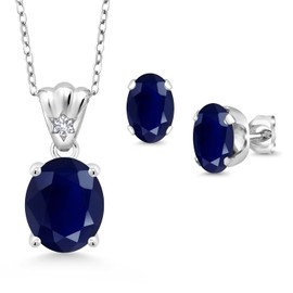 Gem Stone King 925 Sterling Silver Blue Sapphire and White Created Sapphire Pendant and Earrings Jewelry Set For Women (8.14 Cttw, Gemstone Birthstone, Oval 11X9MM and 8X6MM with 18 Inch Silver Chain)