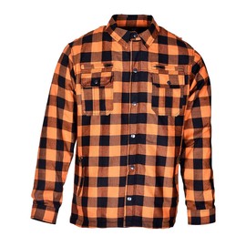Mens Armored Checkered Flannel Biker Shirt, Multiple Waterproof Storage Pockets CE Approved Armor Reinforced Water Resistant (Orange, M)