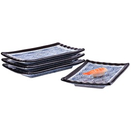 Cerficer Japanese 8 Inch Sushi Plates, Blue Wave Cracker Tray, Porcelain Sushi Platters, Rectangular Plates, Set of 4