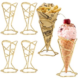 ELFULLY 4 Pack Ice Cream Cone Holders, Single Metal French Fries Stands, Individual Waffle Pizza Charcuterie Cone Holder, Food Cone Display Stands for Kitchen Restaurant Party Supplies, Golden