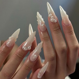 French Tip Press on Nails Long Stiletto Fake Nails with Pearl Nail Rhinestones Design Full Cover Acrylic Stick on Nails Reusable Almond False Nails Nail Tips for Women Girls DIY Decoration