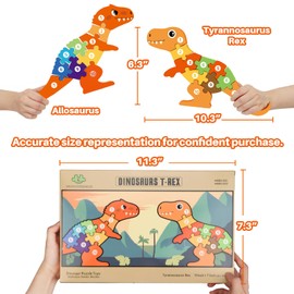 MONSTERBOKER 𝟭𝟭” Wooden Dinosaur Puzzle 𝟭+ Year Old Boy Girl Birthday Gift Kid Age 3 5 Colorful Number Chunky Floor Puzzle Toddler 2 4 Educational Learning Toy 6 7 8 T- Rex Allosaurus Dino Craft