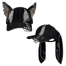 Shyyween 2 Pcs Y2K Grunge Hat with Cat Bunny Ears Distressed Denim Baseball Cap with Metal Ring Chains Punk Kpop Outfits Cute for Women Hiphop Dance Party Music Festival Clothes Accessories