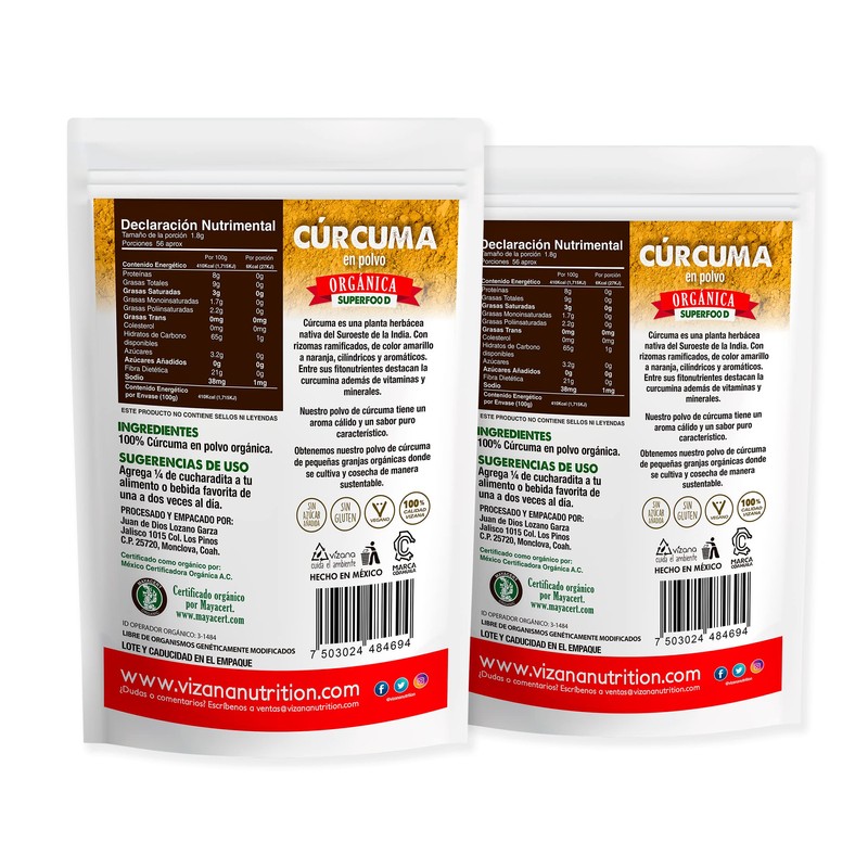 VIZANA NUTRITION | Cúrcuma Orgánica Certificada USDA en Polvo 200g