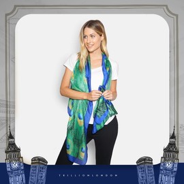 Trillion LONDON® Women's 100% Silk Lightweight Animal Print Scarf Luxury Gift Valentine's Day Gift, peacock print