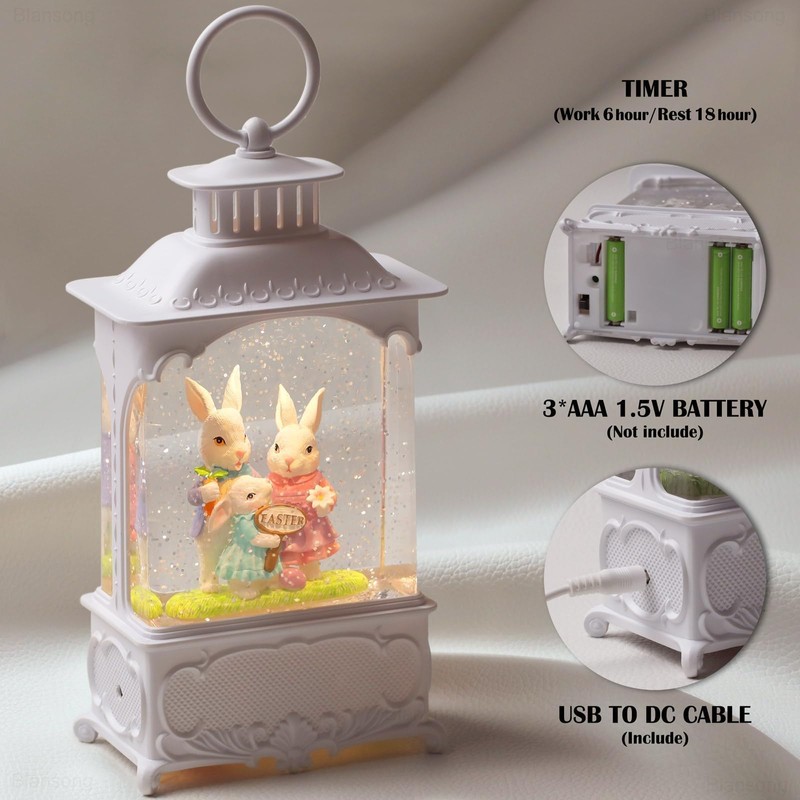 Blansong Easter Snow Globe Bunny Snow Globe Lantern with Timer,