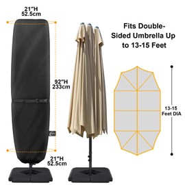 Kipiea Patio Umbrella Cover for 13'-15' Double-Sided Umbrella, Upgraded 600D Heavy Duty Outdoor Umbrella Covers with Support Pole and Zipper