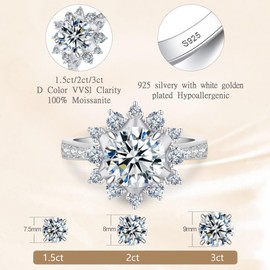BAGUTTA PAVONE Flower Moissanite Engagement Rings for Women, Women's 925 Sterling Silver Engagement Ring Moissanite Promise Rings for Her,D Color VVS1 Wedding Bands Moissanite Rings 1.5CT Size 7