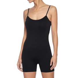 TheMogan Seamless Romper Bodysuit with Adjustable Spaghetti Straps Pull-On Style Stretchy Comfortable Soft Breathable Scoop Neckline One Piece Undergarments for Women Black