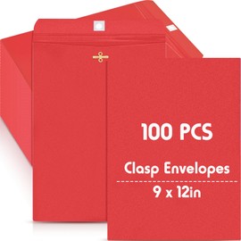 Geyee 100 Pcs Clasp Manilla Envelopes 9 x 12 Inch Gummed Colored Envelopes for Storing or Mailing for Home Office Business Supplies(Red)