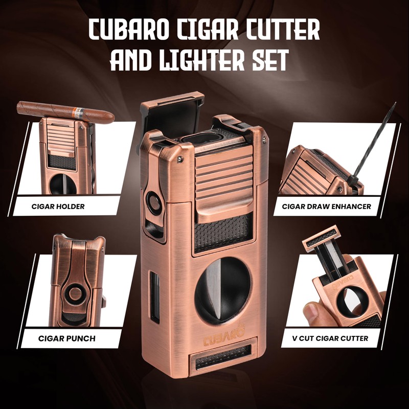 CUBARO Cigar Lighter with V Cutter, Punch, Draw Tool –