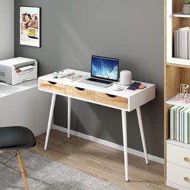 soges Mid Century Desk with Drawers, 3-Drawer Writing Study Desk, 43.3 inches Home Office Computer Desk for Small Space, Multifunctional Vanity Table Desk, White