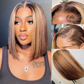 Ombre 13x4 Lace Front Wigs Human Hair Bob Wigs for Women Human Hair Straight Highlight Glueless Bob Wigs Human Hair Pre Plucked with Baby Hair 12 Inch Perruque Femme Humain Naturel 4/27#