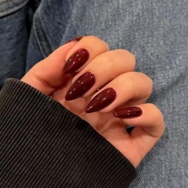 SXVME 48 Pcs Cherry Red False Nails Almond Medium, Burgundy Acrylic Press on Nails Stiletto, Solid Color Glossy Gel Full Cover Fake Nails for Women Finger Decoration