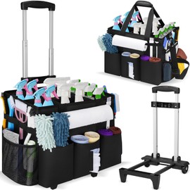 Rolling Cleaning Caddy Bag with Detachable Trolley, Large Cleaning Supply Organizer Bag with Multi-pocket and Removable Dividers, Cleaning Bag on Wheels for Housekeeper, Cleaner