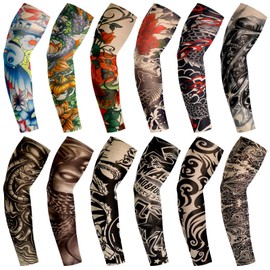 Juego de 12 Mangas de Tatuaje Mangas de Brazo de Protección Solar Falsas Guantes de Brazo de Flor de Elasticidad Suaves Ciclismo (Patrón de Dragón, M)