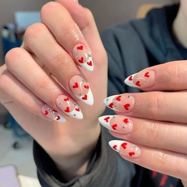 White French Tip Valentine's Day Press on Nails Medium Almond Fake Nails with Hearts Designs Rhinestone Glue on Nails Press ons Nude Glossy False Nails Valentines Stick on Nails for Women Girls 24Pcs
