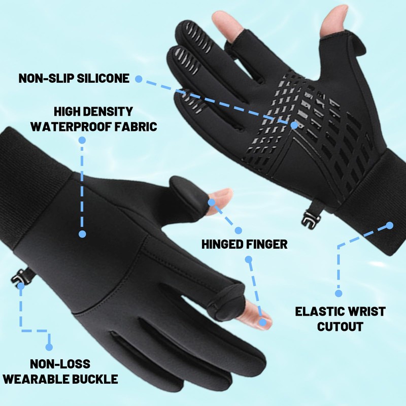 Waterproof Gloves, Touchscreen Fishing Gloves for Men with Flip Cap,