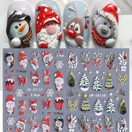 Christmas Nail Art Stickers Winter Nail Decals 5D Embossed Xmas Tree Deer Snowman Nail Stickers Winter Snowflakes Nail Supplies Nail Art Design Accessories for Women Holiday Nail Decorations 2PCS