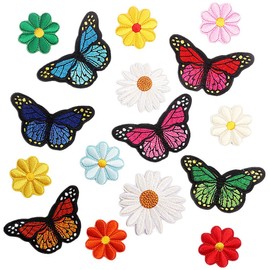 16 Iron-On Patches, Iron-On Patches, Velcro, Iron-on Patches, Embroidered Patches, Flower + Butterfly Pattern, Jeans, Jackets, Backpacks, DIY Accessories
