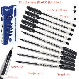 ZOFAX Trio Ballpoint Pens, BLACK, 1.0mm Medium Point, Pack of 10, Triangular Comfort Grip, Smooth Writing, Office School Home Value Biros Ball Pens