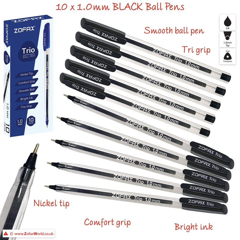ZOFAX Trio Ballpoint Pens, BLACK, 1.0mm Medium Point, Pack of