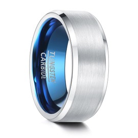 083BASE Unisex Tungsten Ring Black/Silver Blue, 4 mm/6 mm/8 mm Width, Brushed Metal Design, Bevelled Edges, Women's/Men's Jewellery in Various Sizes