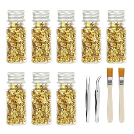 RYAN 8 Bottles Imitation Gold Leaf with 2 Tweezers and 2 Brushes Gold Leaf for Crafts Gold-Plated Fragments for Resin Art Crafts Jewellery Making Gold Leaf Acrylic Painting