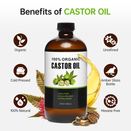 40 Pcs Castor Oil Pack Wrap, Self-Adhesive Cotton Castor Oil Patches with Organic Cold Pressed Glass Bottle for Belly Button Stomach Waist Neck Arm Leg Chest Knee (8oz/237ml)