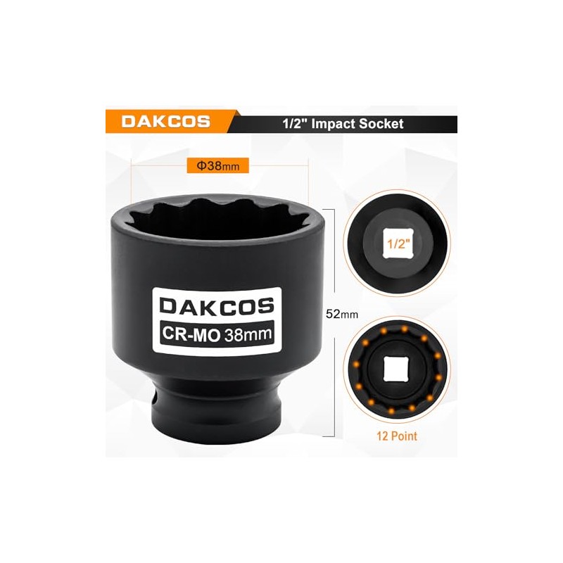 DAKCOS 1/2" Drive 38mm Socket 12 Ponit Impact Wrench Socket
