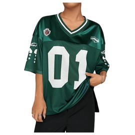Floerns Women's Football Jersey Shirts for Women Oversized Sports Jersey Letter Print V Neck Team Shirts Half Sleeve Custom Jersey Green Small
