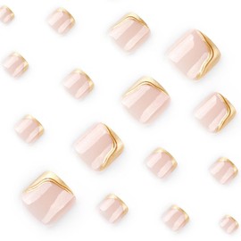 Gold French Tips Press on Toenails Short Square Fake Toenails with Stripe Curve Design Reusable Sliver Glitter Stick on Toenails Glossy Skintones Summer False Toenails for Women Girls Manicure 24Pcs