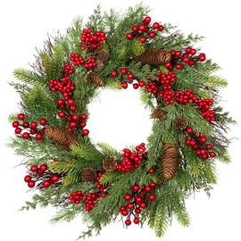 Oairse 20 inch/51cm Christmas Wreath, Christmas Wreath for Front Door Christmas Door Wreaths with Red Berries Pine Cones Cedar Leaves Aritificial Wreath for Christmas Indoor Outdoor Decorations