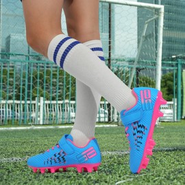 brooman Kids Firm Ground Soccer Cleats Boys Girls Football Shoes (8,Blue/Pink)