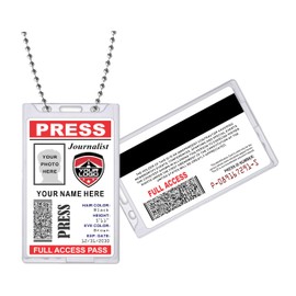 Press Pass ID Card - (Customizable) Upload Any Logo - PVC Plastic - Double Sided - Badge Holder & Ball Chain Included - Made in The U.S.A. -