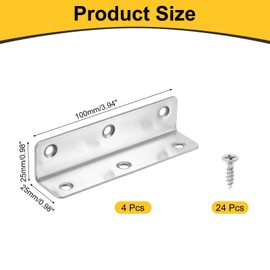 sourcing map 4Pcs L-Shaped Brackets Corner Brace, 0.98"x0.98"x3.94" Corner Bracket Shelf Bracket Right Angle Brackets for Wood Shelves Furniture (25x25x100mm, Silver)