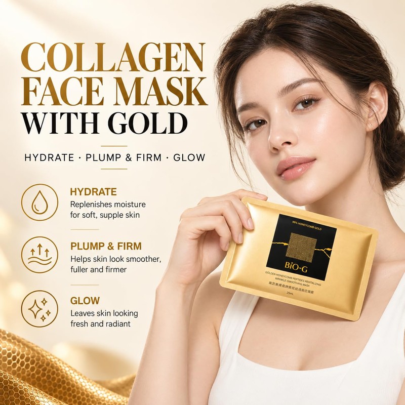 Collagen Face Mask with Gold, Hydrating Face Sheet Mask with