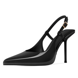 Soireelady Womens Slingback Pumps, Stilettos Heels, Pointed Toe High Heels Backless Stretch Patent Leather Pumps Shoes 4 Inches Black US Size 8.5