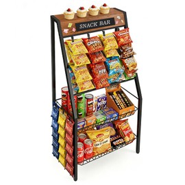 4 Tiers Snack Rack Display Stand - Chip Candy Organizer with 7 Hanger Strip Hooks, 34 Clips & Basket Storage, Metal Retail Display Shelf for Snack Bar, Countertop, Store, Kitchen, Party, Office