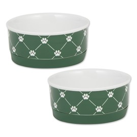 Bone Dry Trellis Paw Print Pet Bowl Set Microwave & Dishwasher Safe, Non-Slip Silicone Bottom for Less Mess, Small 4.25x2, Hunter Green, 2 Count